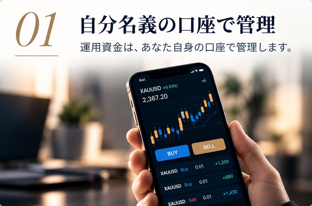 01 自分名義の口座で管理：運用資金は、あなた自身の口座で管理します。