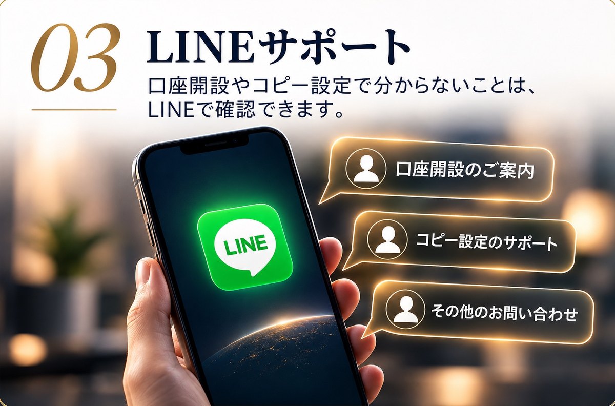 03 LINEサポート：口座開設やコピー設定で分からないことは、LINEで確認できます。口座開設のご案内・コピー設定のサポート・その他のお問い合わせ